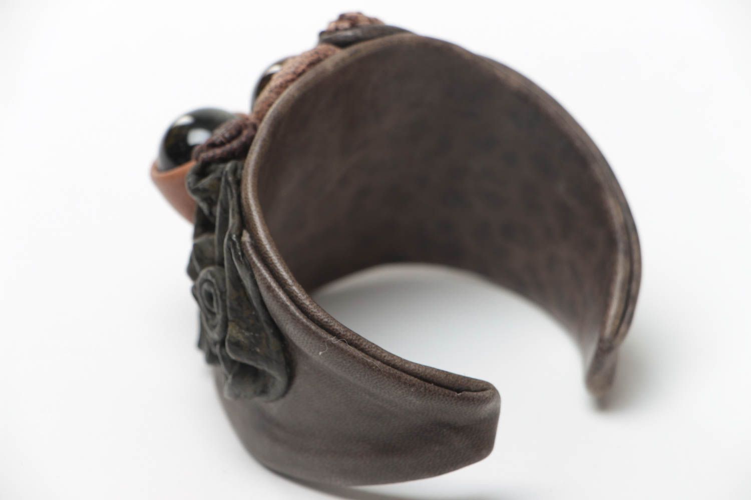 Handmade designer massive genuine leather wrist bracelet with tiger's eye stone photo 3
