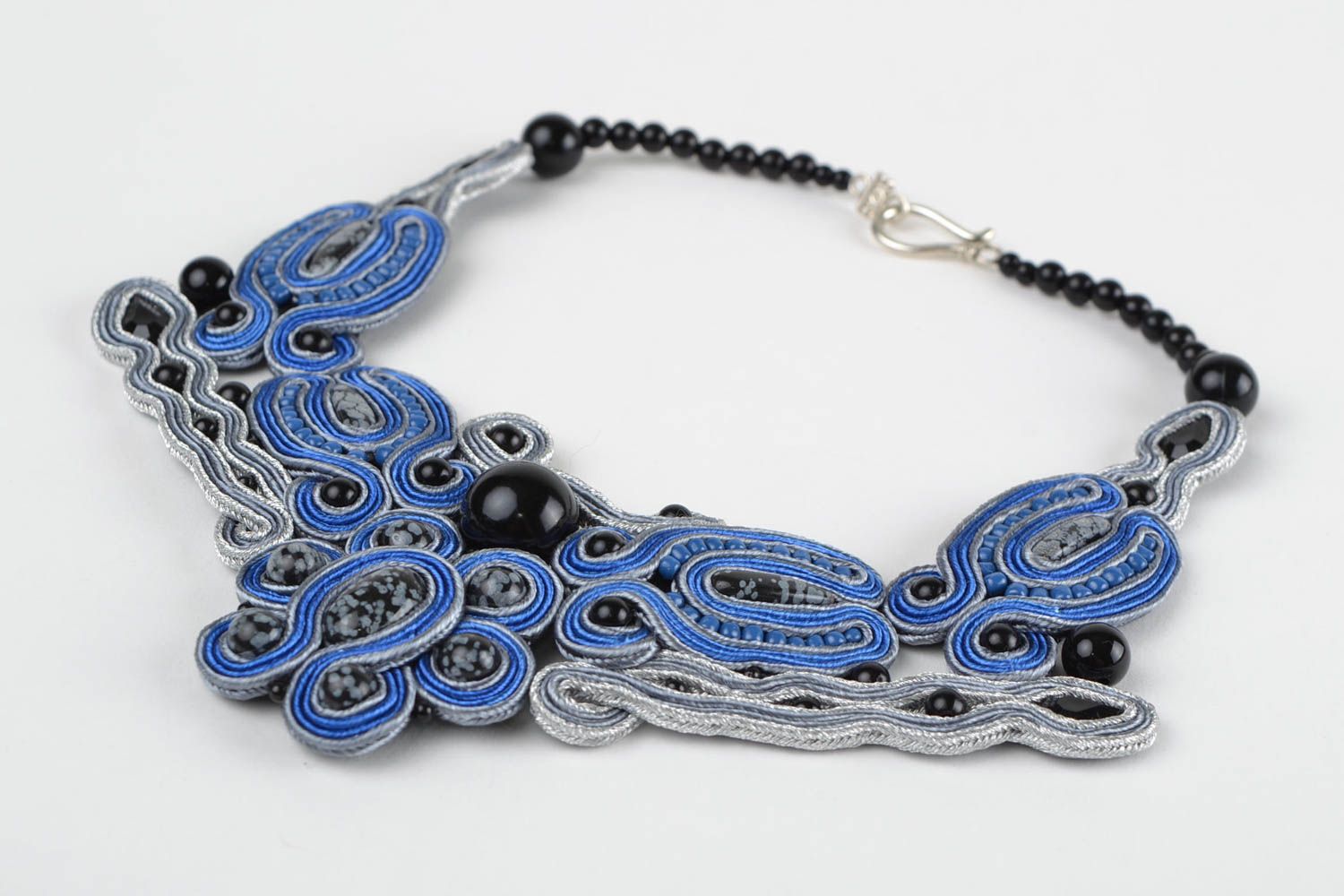 Handmade designer soutache necklace with obsidian Winter Sky photo 2