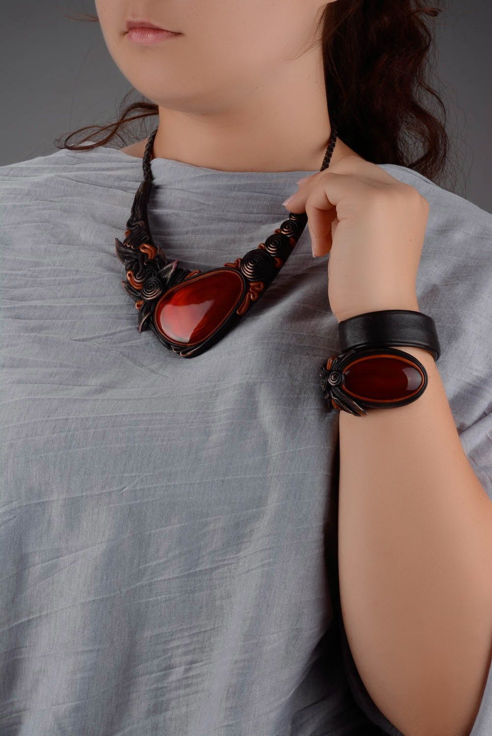 Jewelry set made of genuine leather and cow horn photo 5