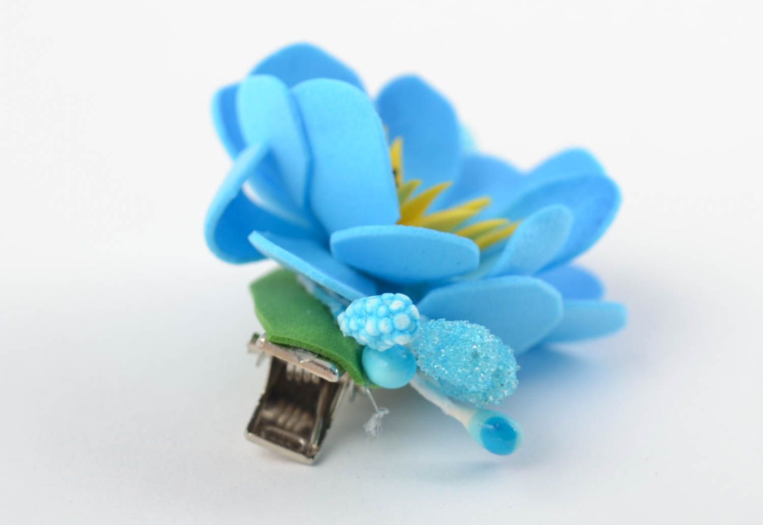 Barrette à cheveux fleur faite main en foamiran bleue belle originale petite photo 4