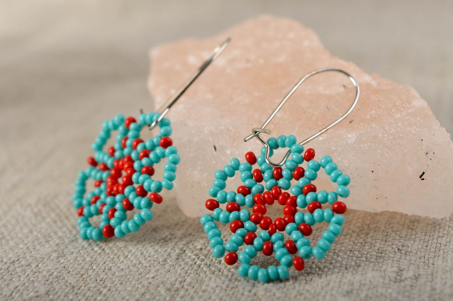Handmade designer earrings unusual flower earrings blue beaded jewelry photo 1