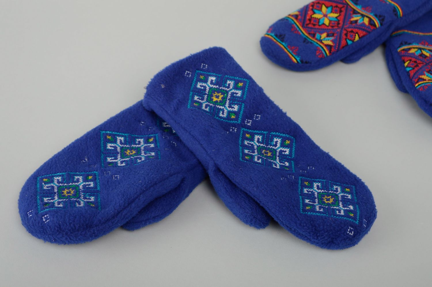 Blue warm fleece mittens with embroidery photo 5