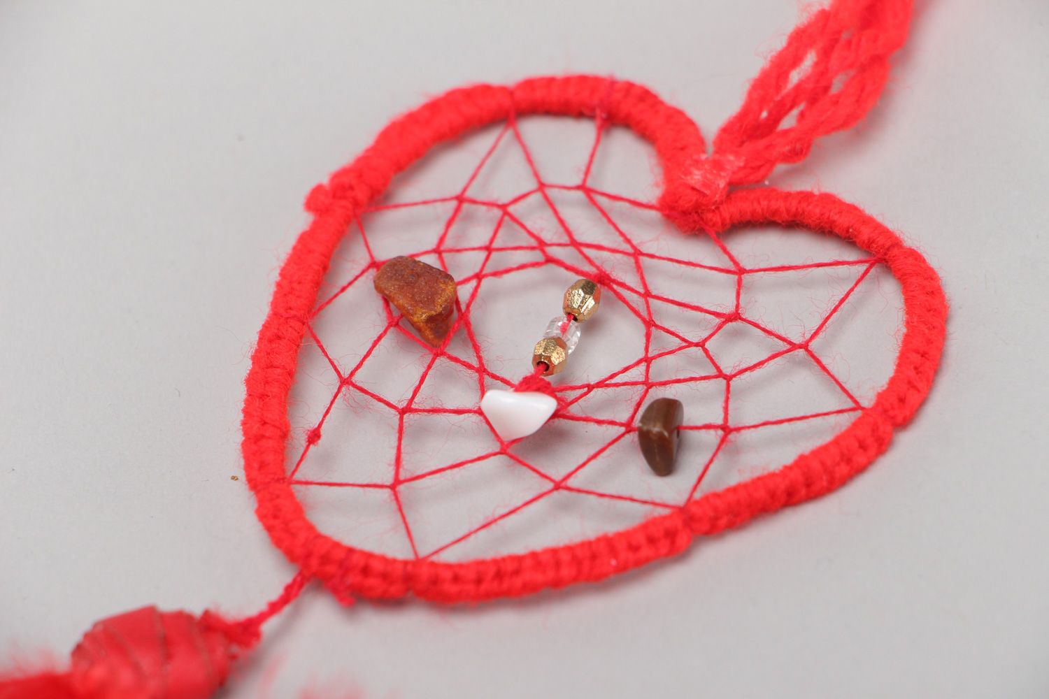 Handmade heart-shaped dreamcatcher wall hanging of red color with feathers photo 3