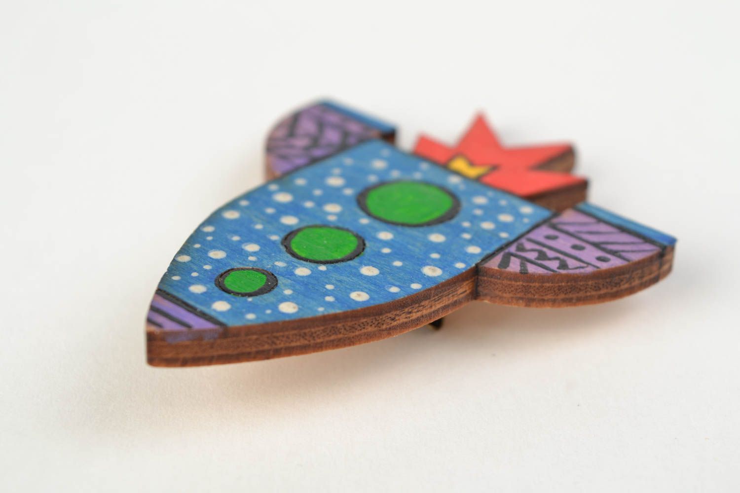 Handmade designer wooden brooch painted with acrylics in the shape of rocket photo 5