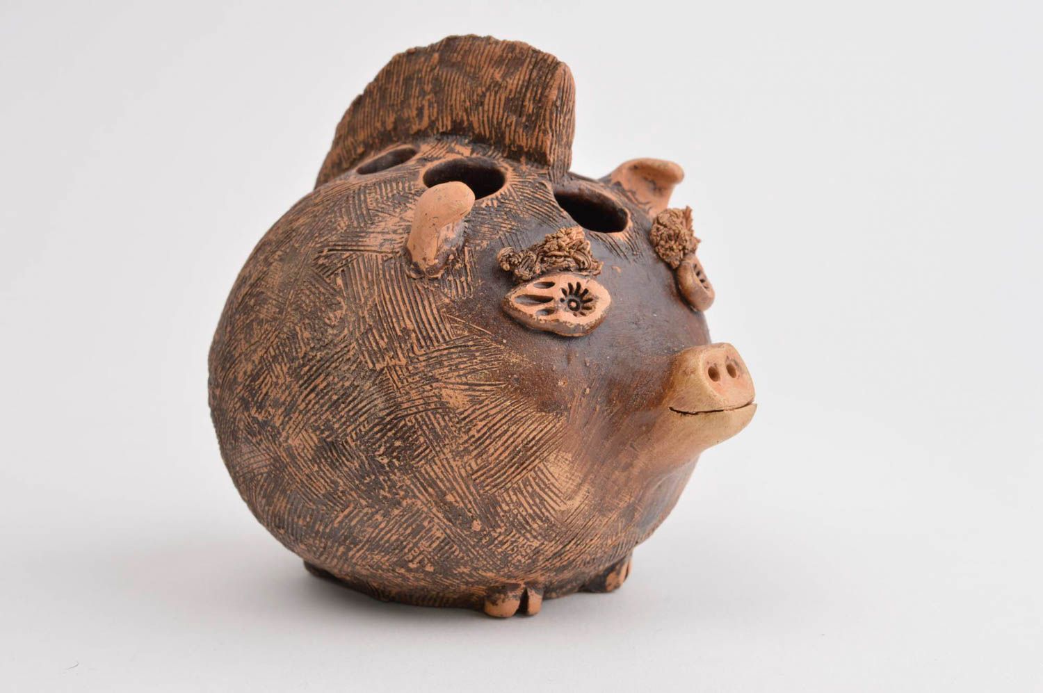 Pot à crayons original fait main cochon céramique marron Accessoire bureau photo 2