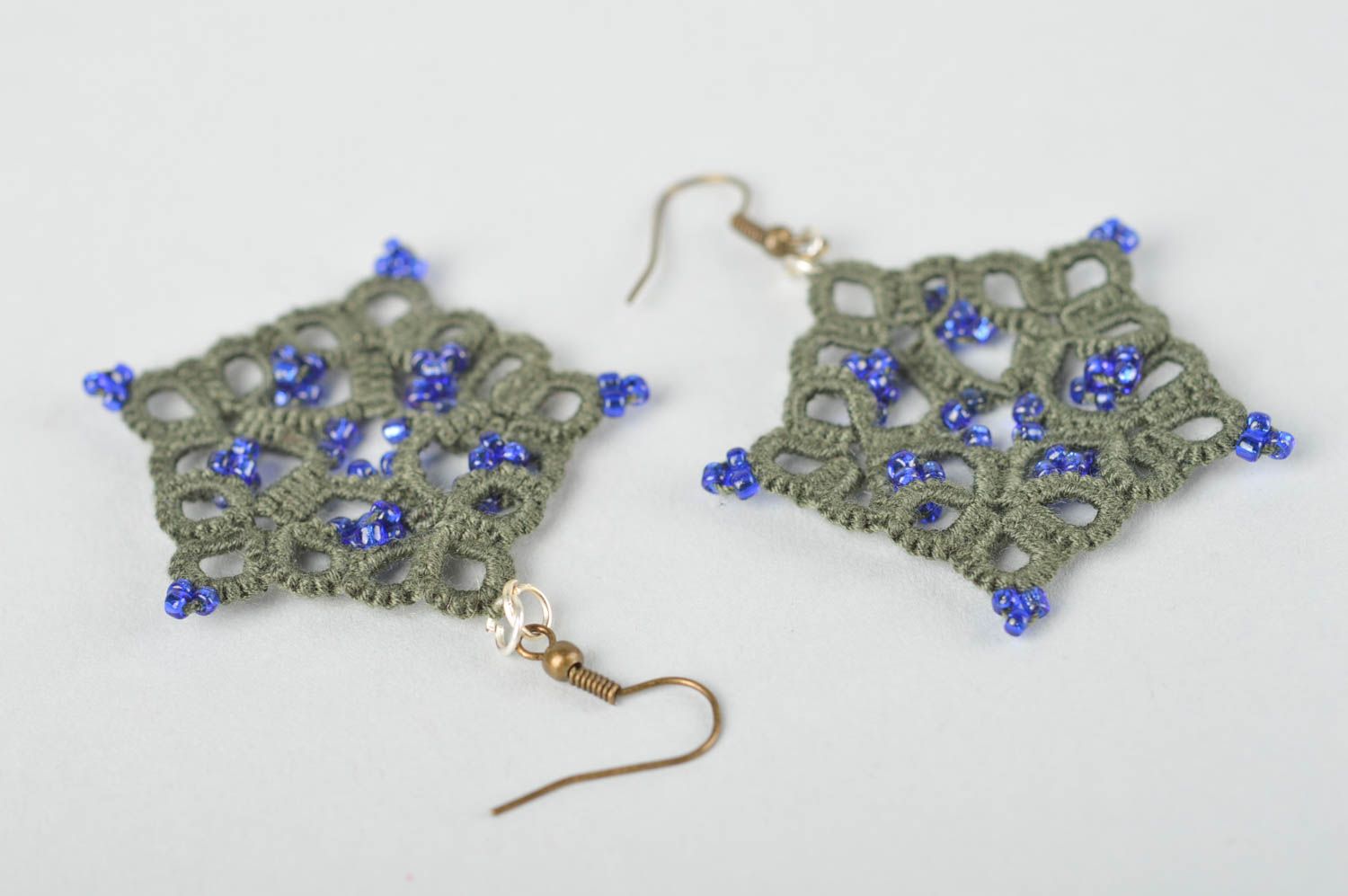 Handmade lace earrings stylish green jewelry unusual designer accessories photo 5