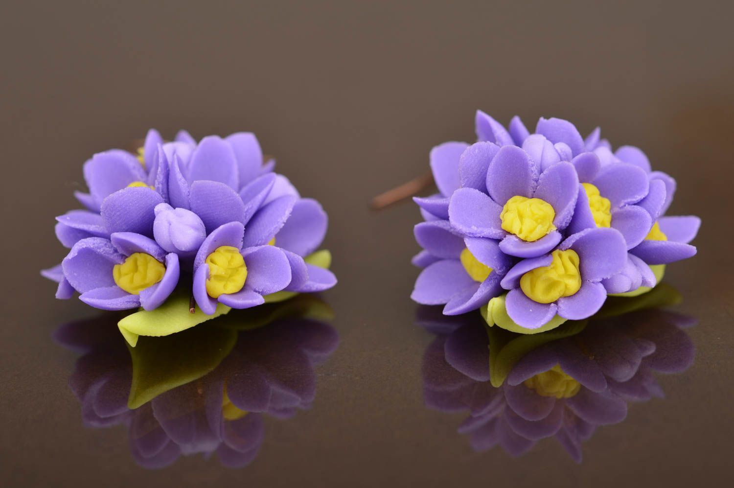 Handmade lilac and yellow beautiful flower ball earrings made of polymer clay  photo 2