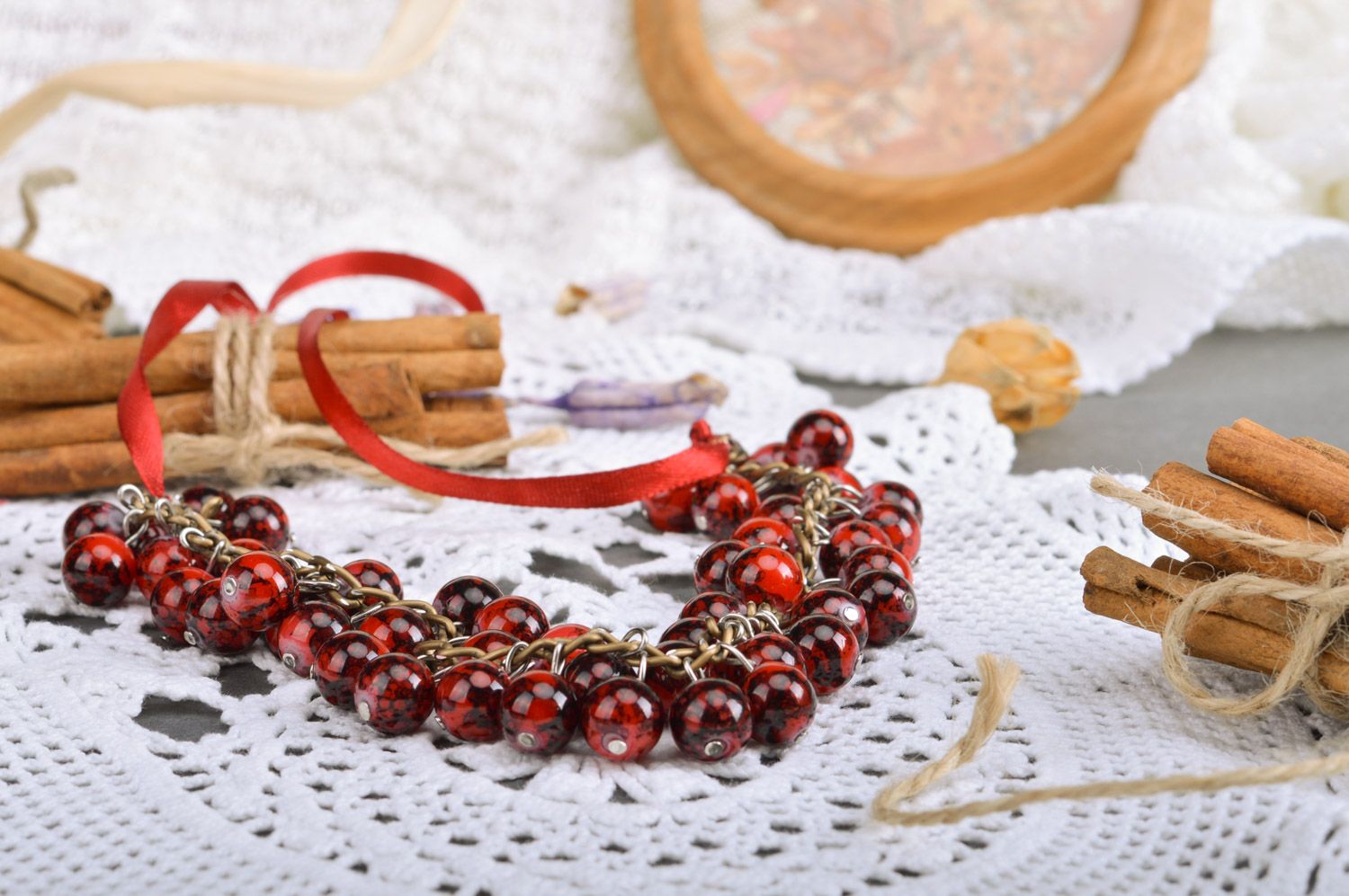 Handmade necklace woven of ceramic beads of saturated garnet color on ribbon photo 5