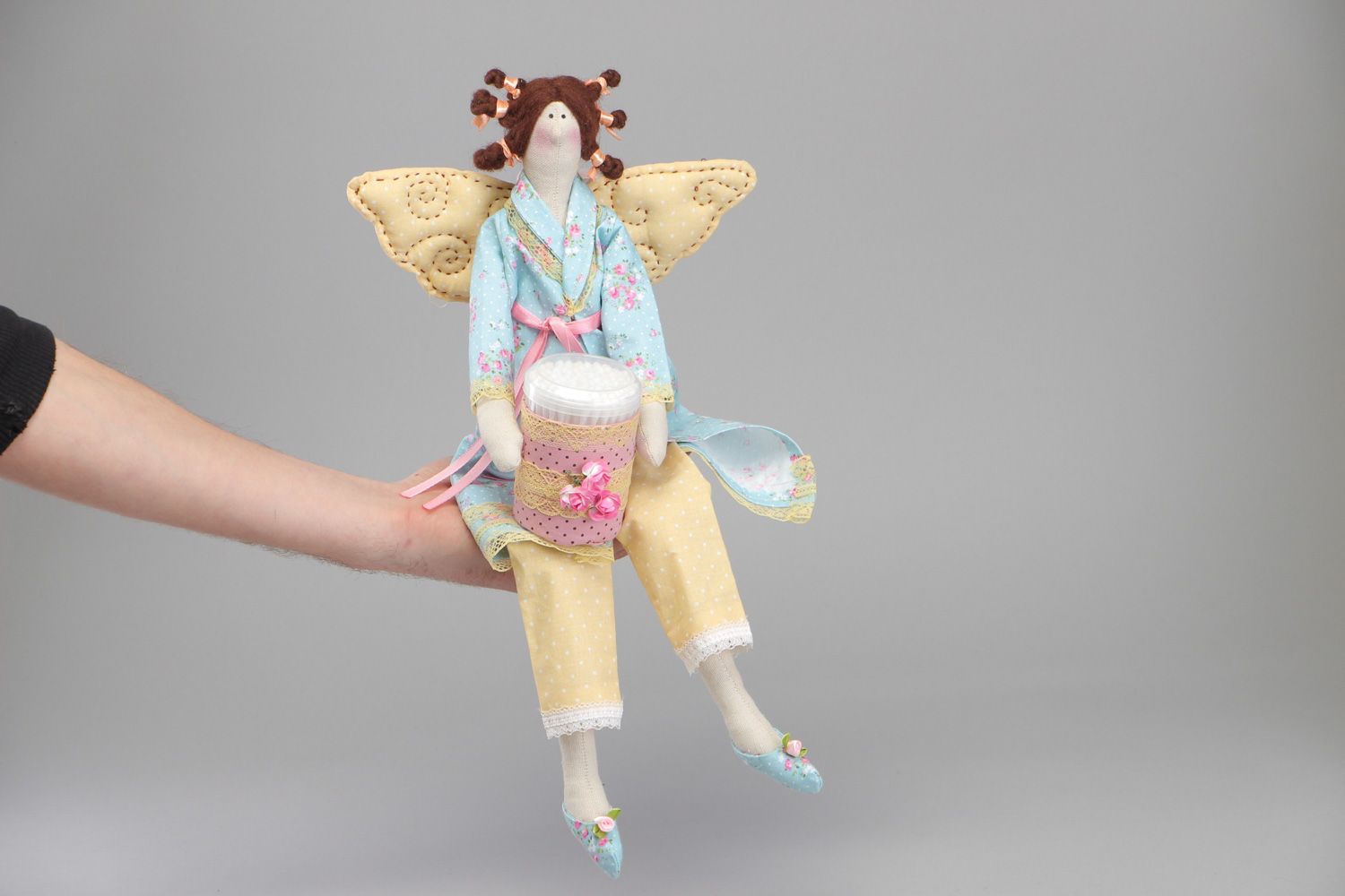 Handmade designer fabric soft doll Keeper of Cotton Swabs photo 4