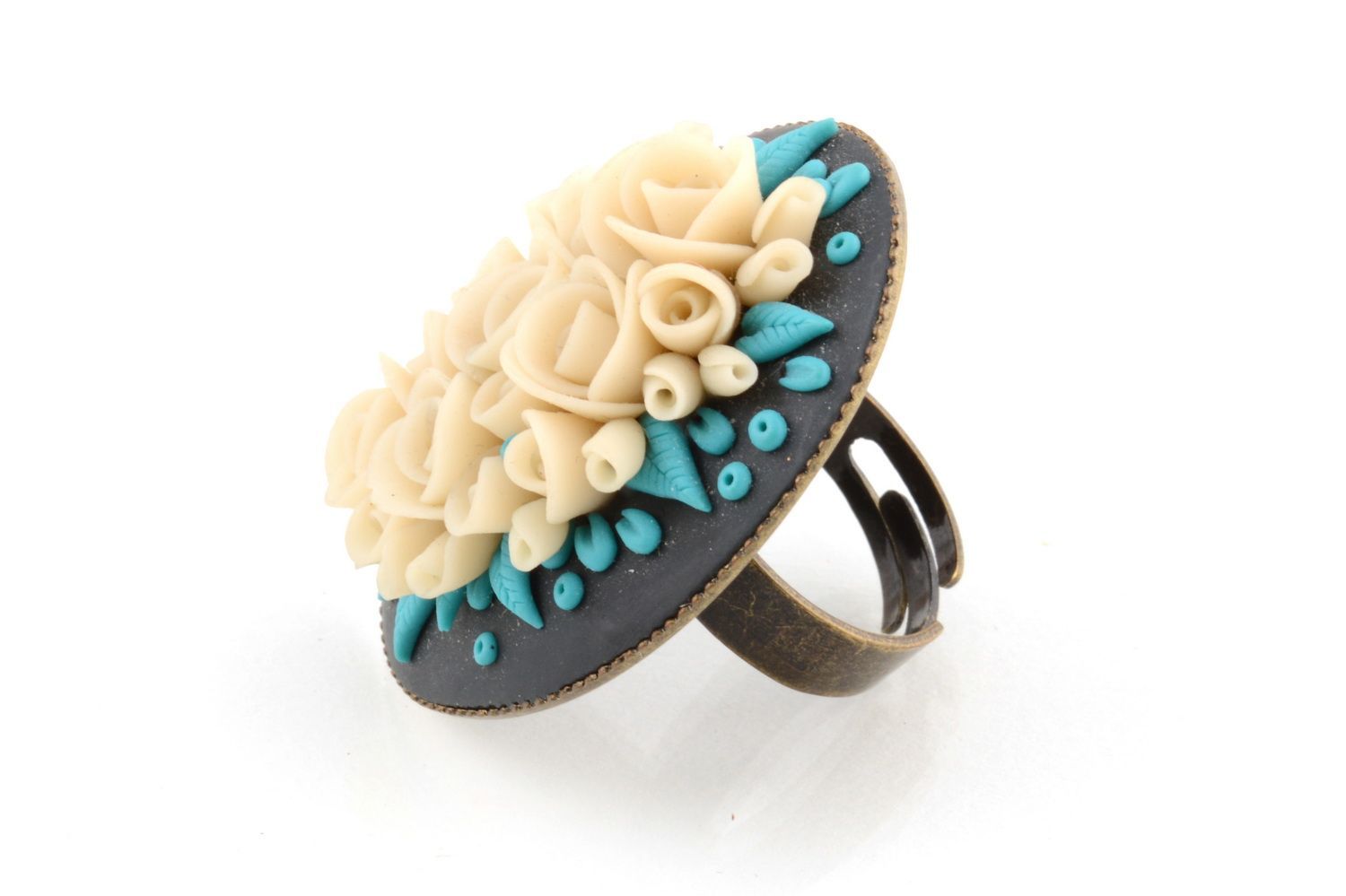 Handmade large designer round polymer clay floral jewelry ring with metal basis photo 3