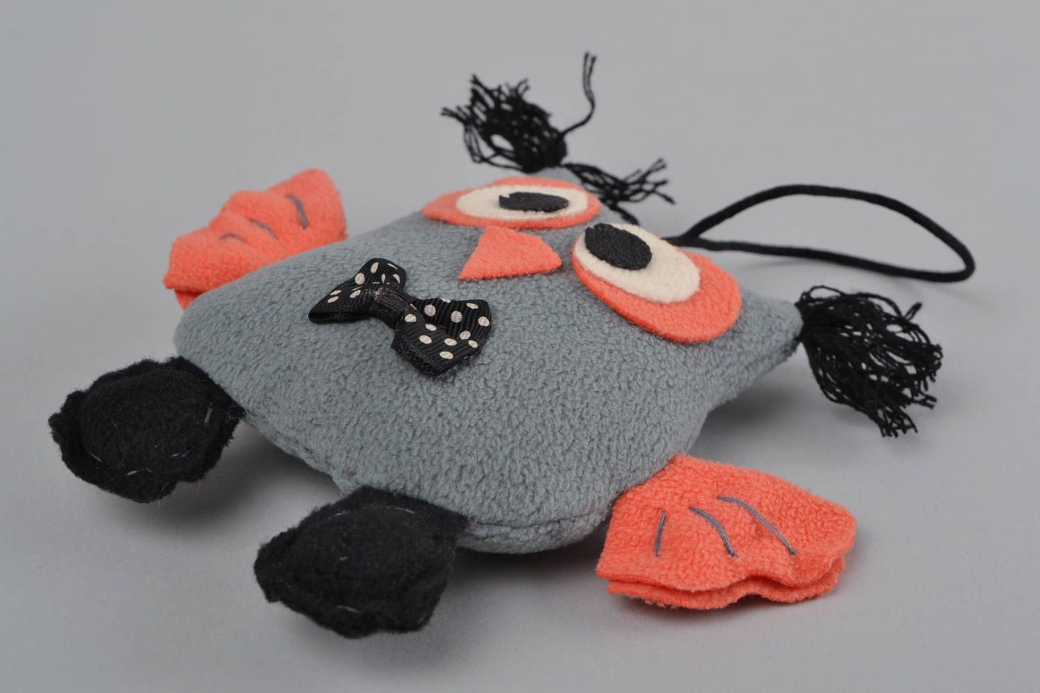 Toy with loop small owl grey with orange handmade decorative interior pendant photo 3