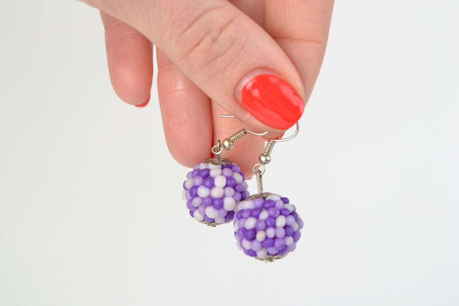 Handmade polymer clay dangling earrings with small balls of lilac color photo 2