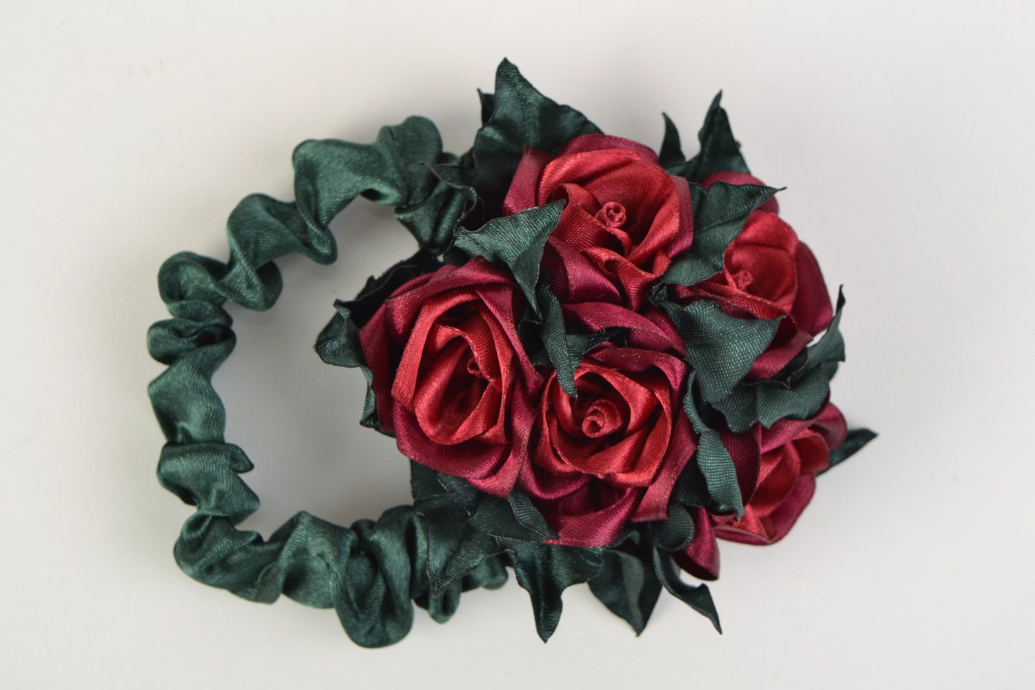 Dark red and green handmade volume fabric flower hair tie photo 2
