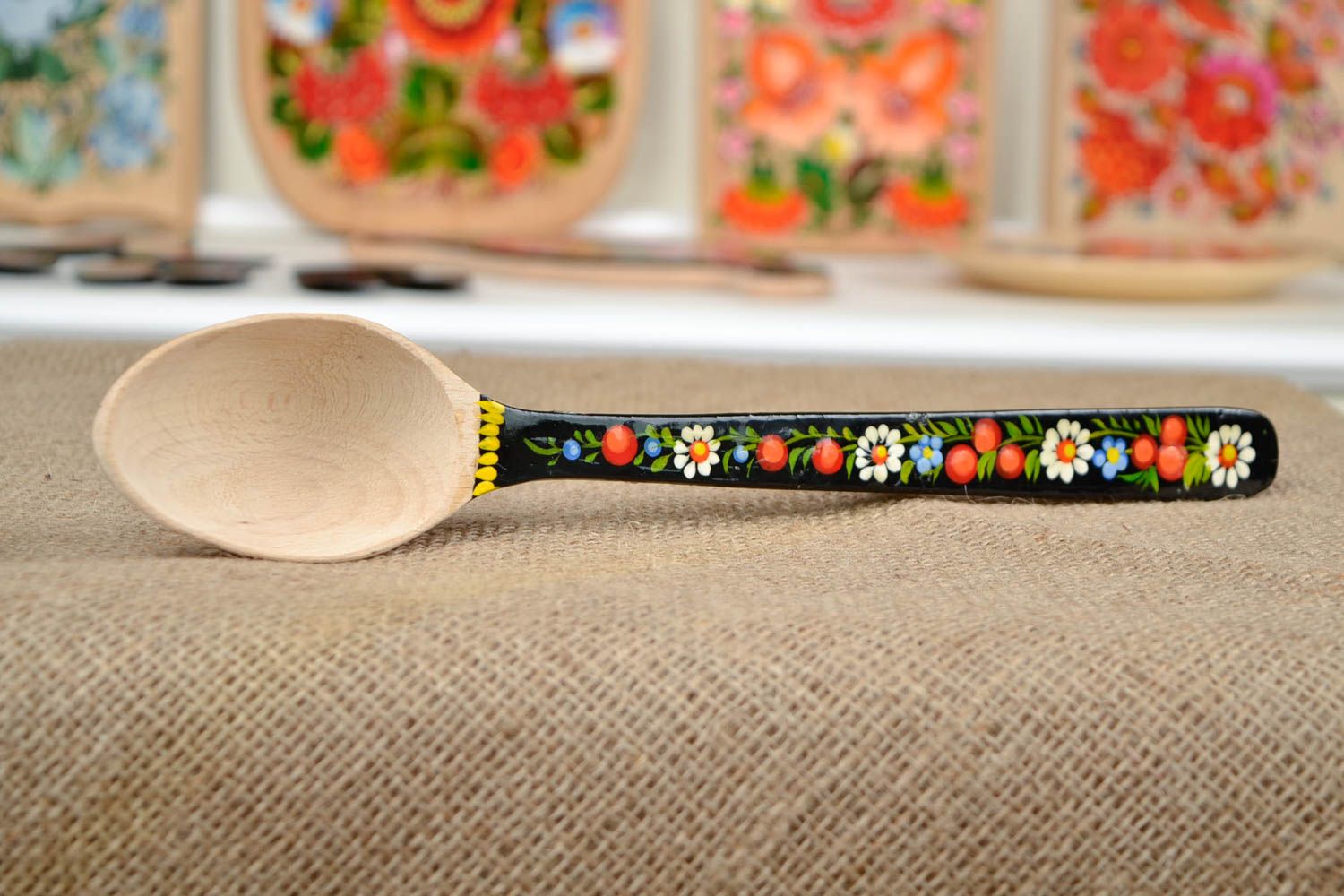 Wooden spoon designer kitchen tool Petrykivka style painting home decoration photo 1