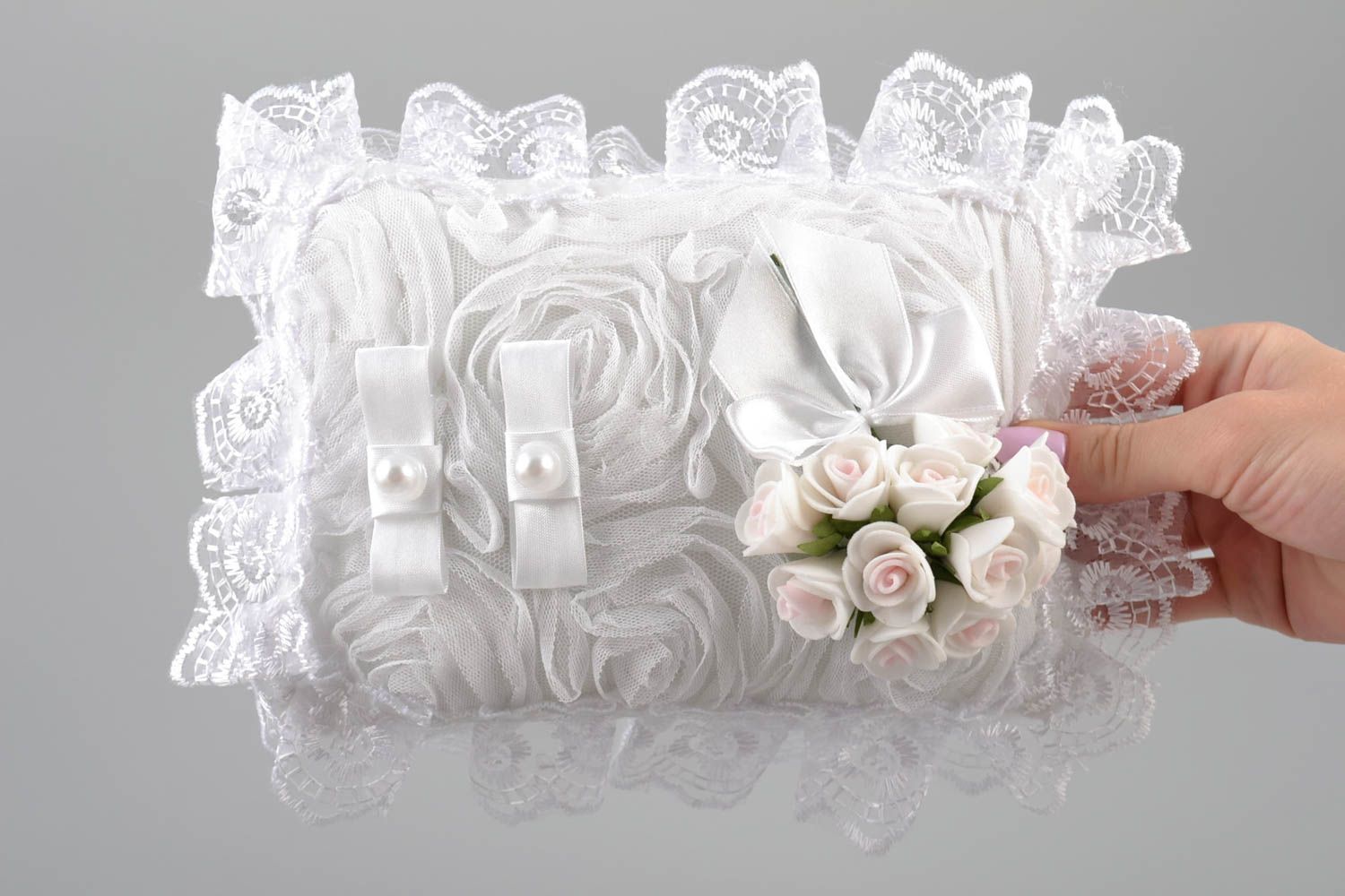 Designer beautiful festive unusual wedding pillow for rings with flowers photo 5