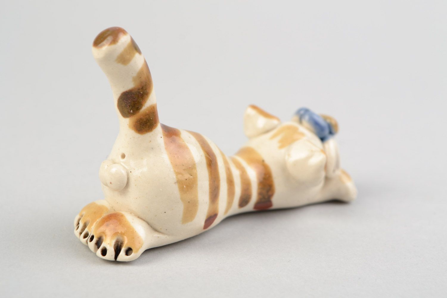 White and brown beautiful handmade clay statuette of striped cat photo 5