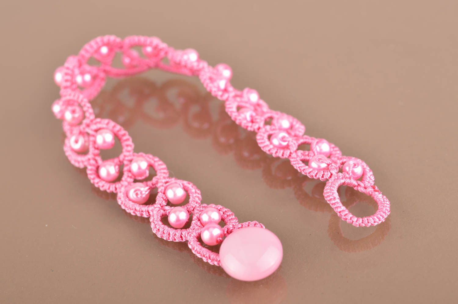 Beautiful pink handmade designer tatted bracelet woven of satin threads photo 3