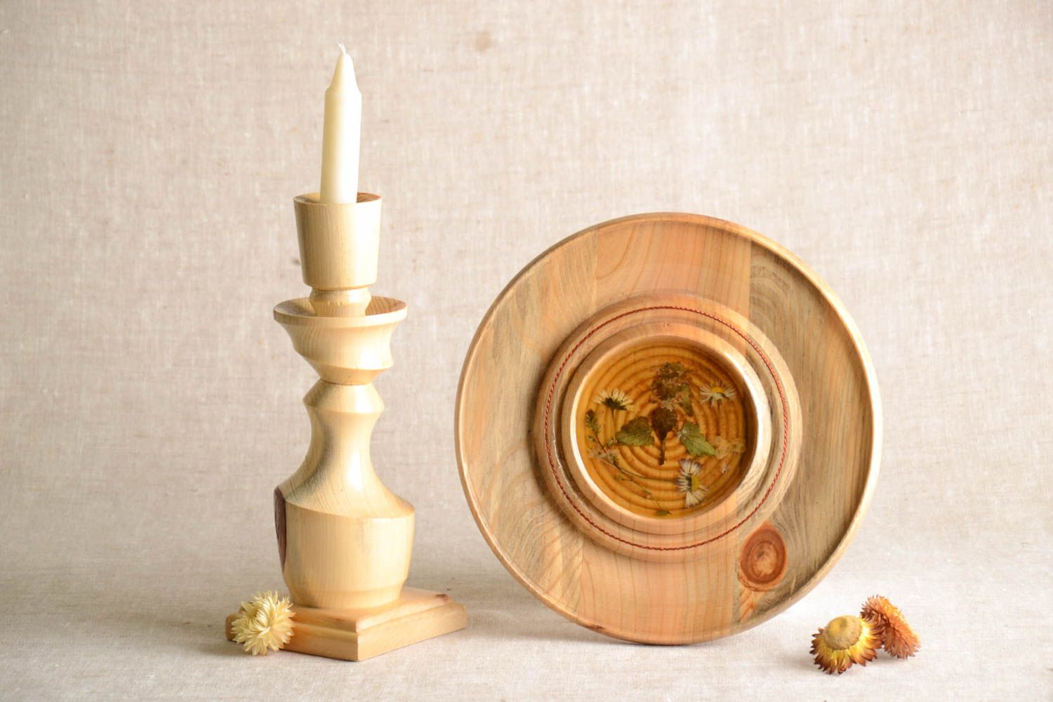 Handmade plate wooden candlestick set of 2 items decorative dishes unusual plate photo 1