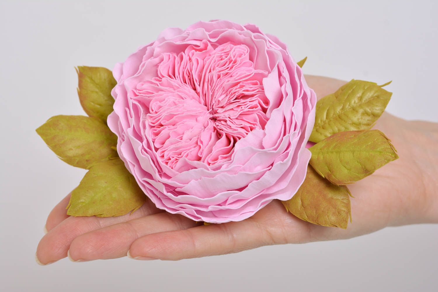 Homemade designer hair clip with large foamiran flower of bright pink color photo 4