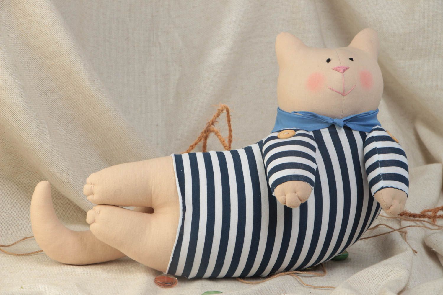 Handmade funny soft toy sewn of natural fabrics Cat Sailor in striped suit photo 1