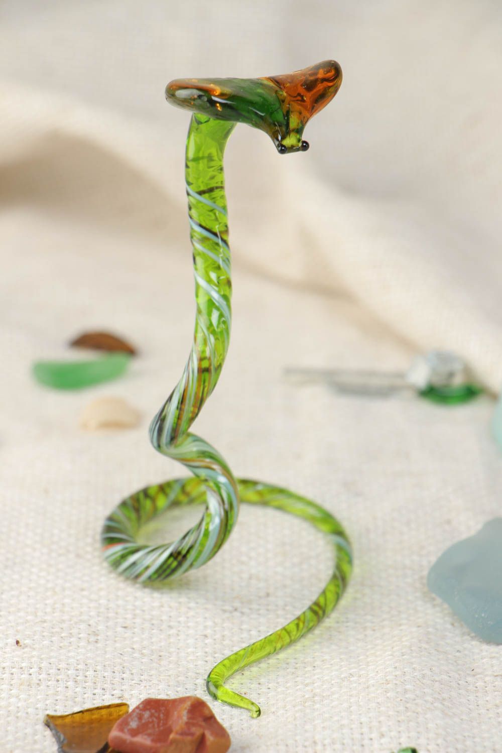 Handmade miniature lampwork glass figurine of green cobra snake interior decor photo 1