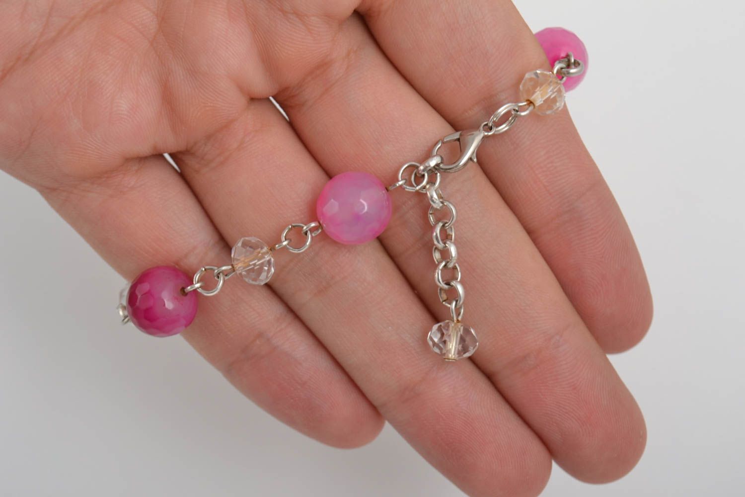 Bracelet en pierres Bijou fait main rose agate cristal Accessoire femme photo 2