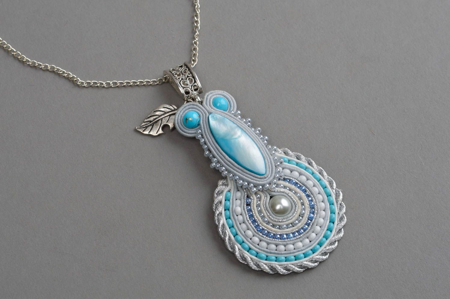Handmade unusual pendant soutache designer accessory jewelry with pearls photo 3