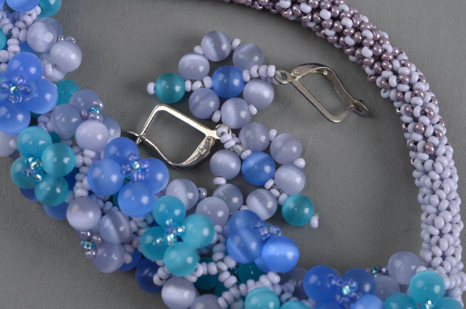 Designer Schmuckset aus echten Steinen in Blau Lila Ohrringe Collier handmade foto 5