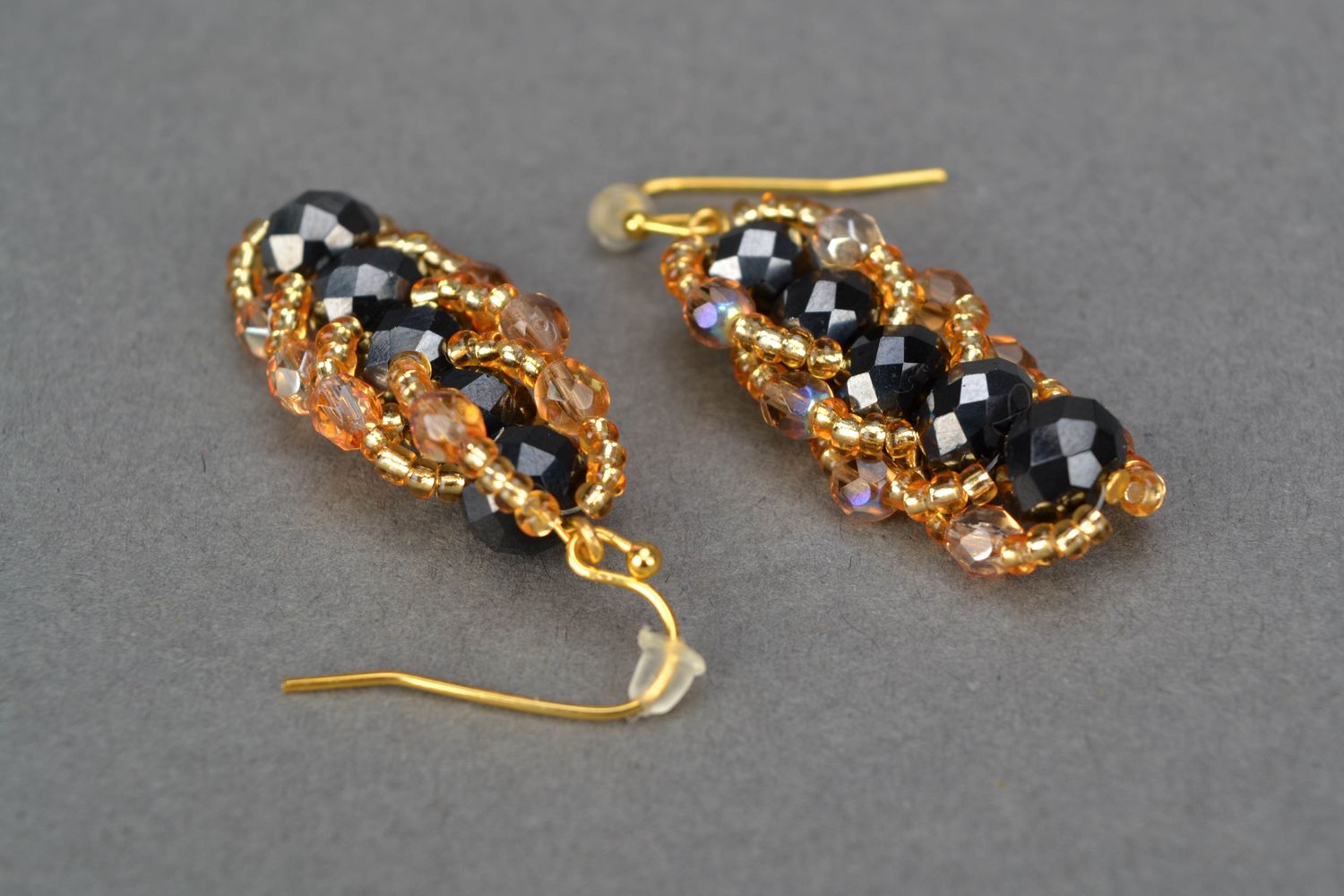 Black and gold long beaded earrings with crystals photo 4