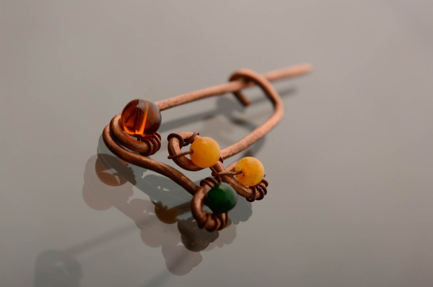 Wire wrap copper brooch with lampwork beads photo 2