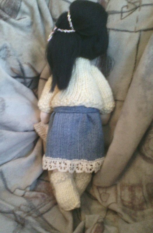 Handmade soft toy brunette doll in knitted sweater and denim skirt photo 2