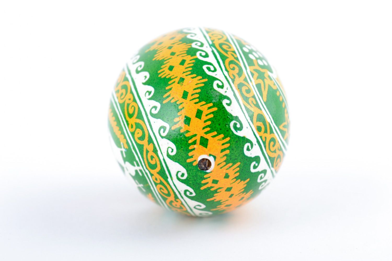 Yellow and green handmade bright painted Easter chicken egg with patterns photo 5