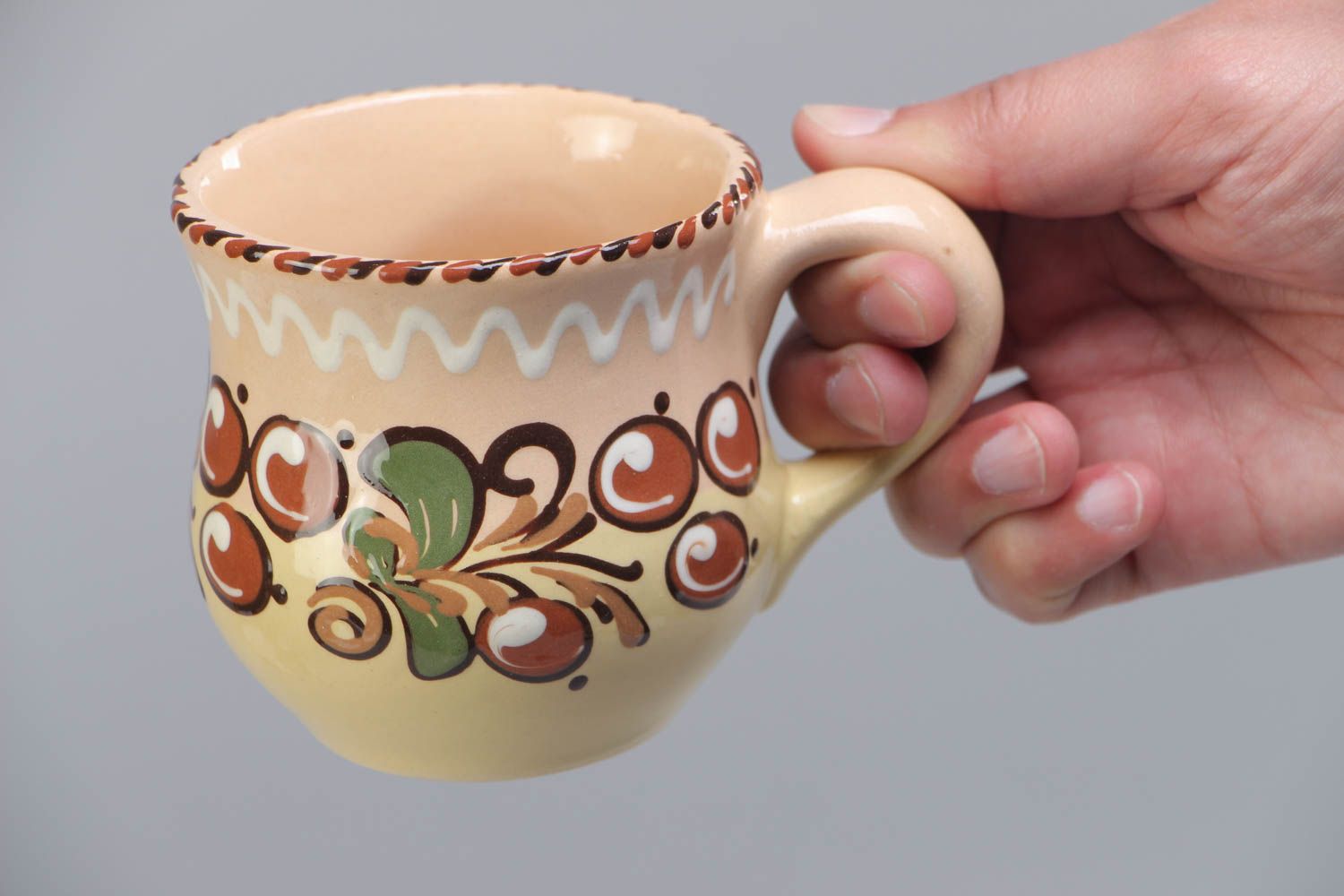 6 oz clay glazed coffee cup with fruit pattern and handle photo 5