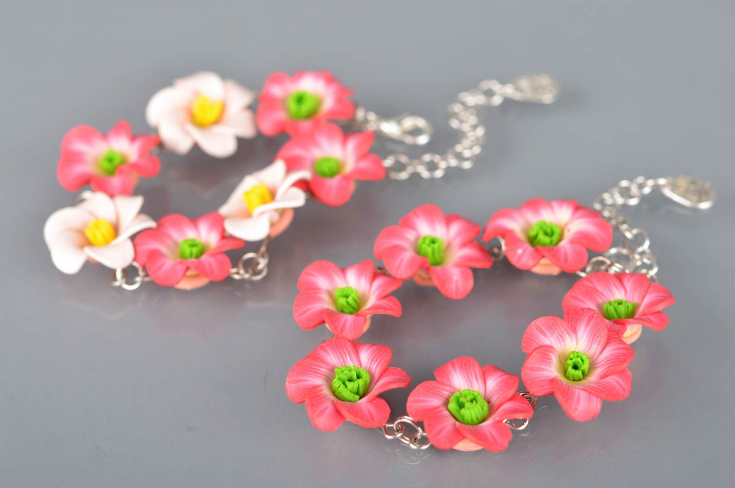 Set of 2 handmade designer wrist bracelets with polymer clay flowers Pink photo 1