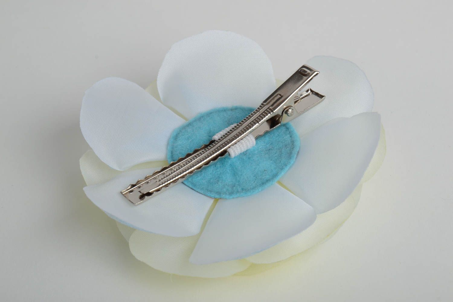 Designer hair clip with homemade volume organza fabric kanzashi flower photo 3