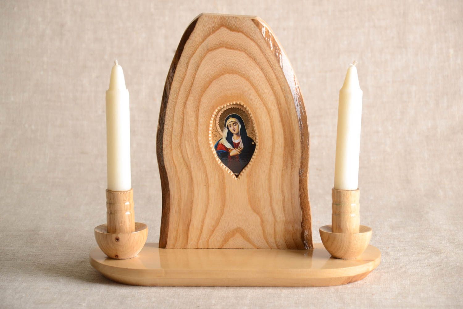 Подсвечник ручной работы подставка под свечу деревянный подарок с иконой фото 1