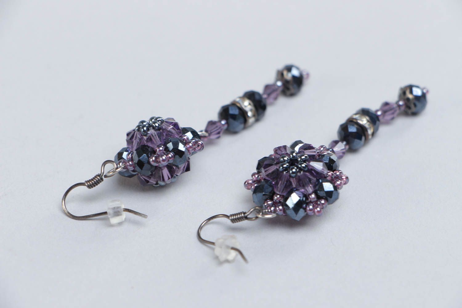Handmade elegant dark long dangling beaded earrings with crystal glass  photo 4
