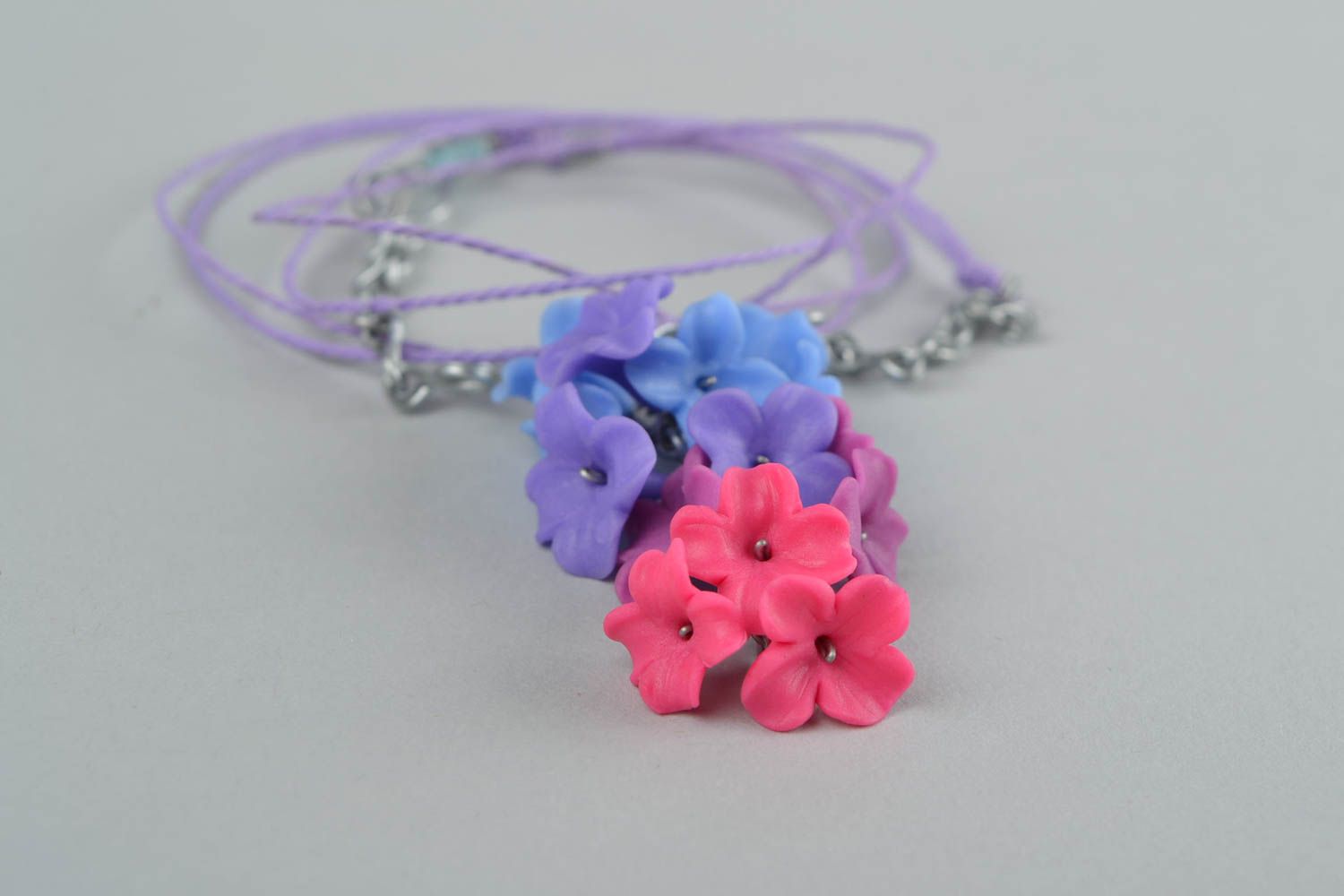 Beautiful bright homemade designer polymer clay flower pendant on cords Lilac photo 2