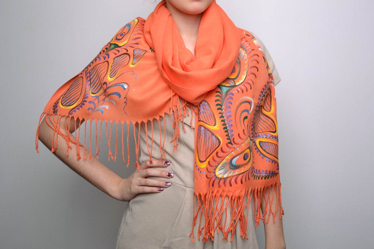 Women's long painted cashmere scarf with fringe photo 1