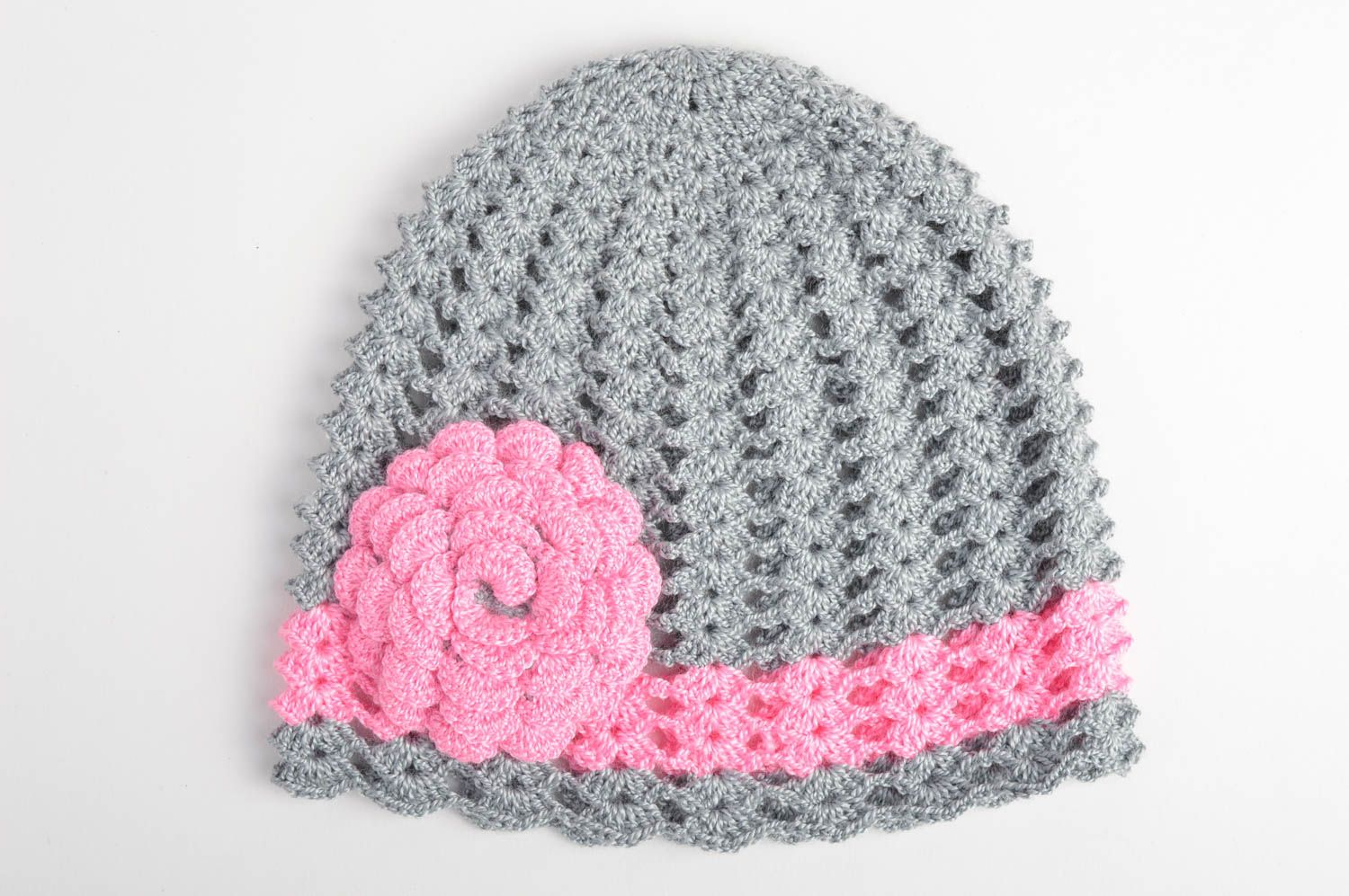 Bonnet tricot fait main Chapeau au crochet gris fleur rose Vêtement fille photo 3