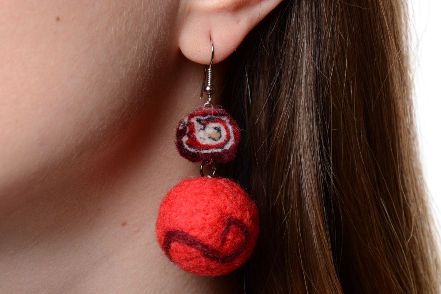 Handmade red natural wool ball earrings women's designer accessory photo 1