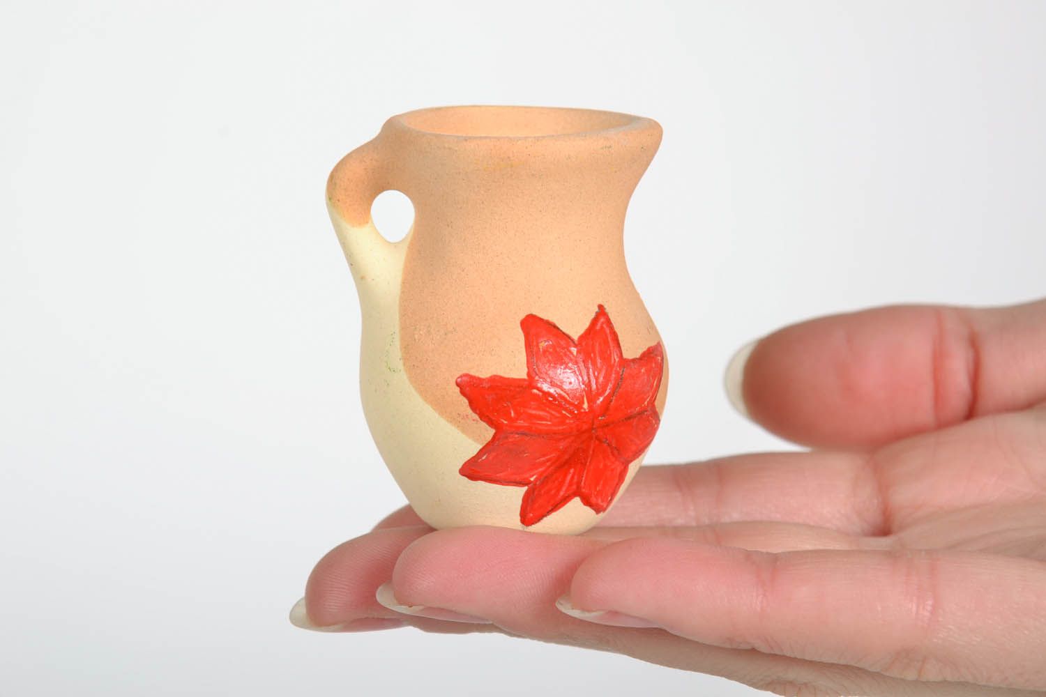Little handmade clay pitcher shelf figurine with handle 0,06 lb photo 2