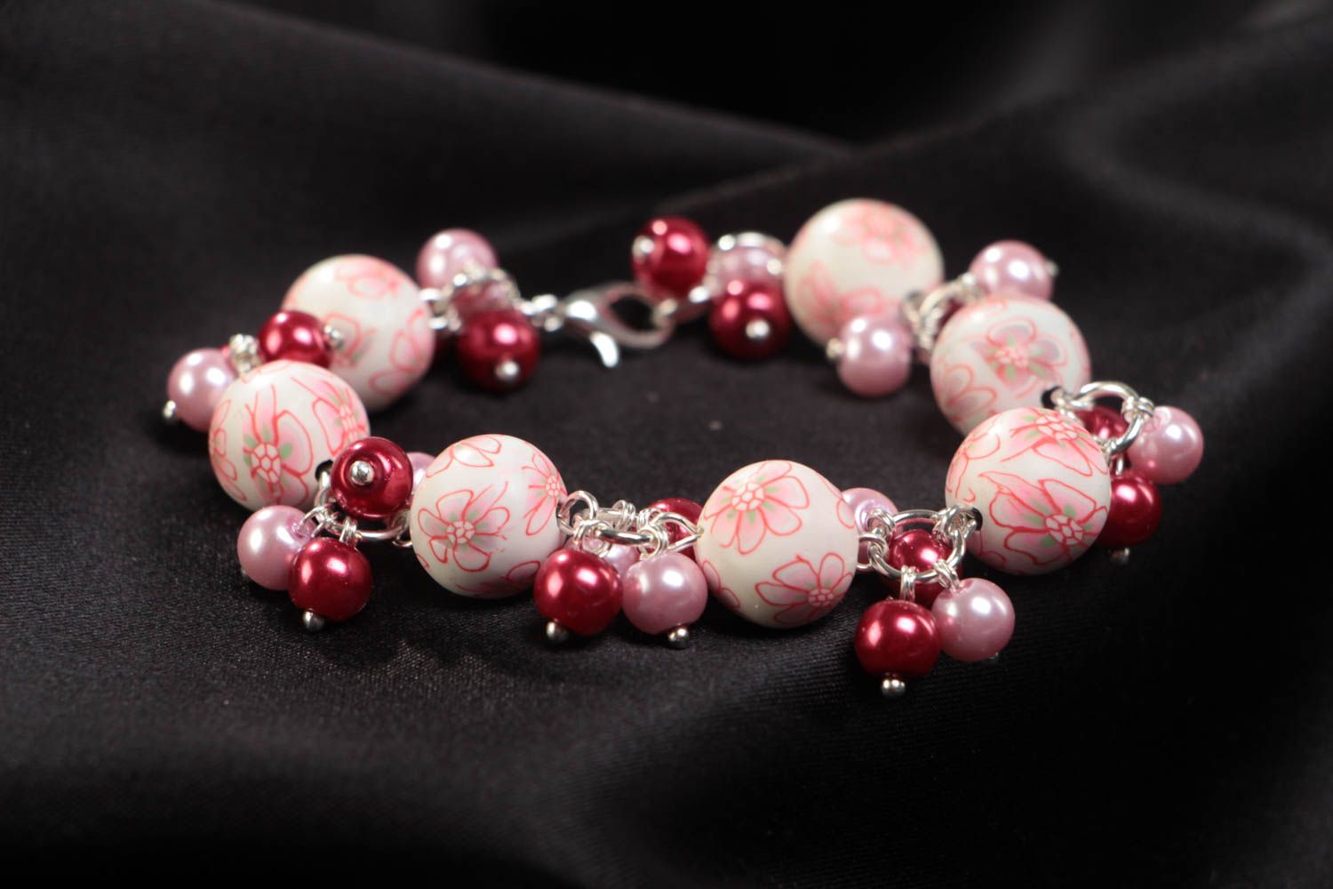 Pink and red handmade children's polymer clay wrist bracelet photo 1