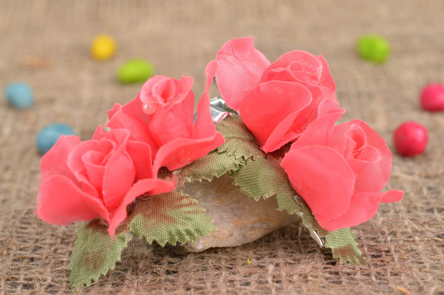 Handmade pink flower hair clips made of textile set of 2 pieces for girls photo 1