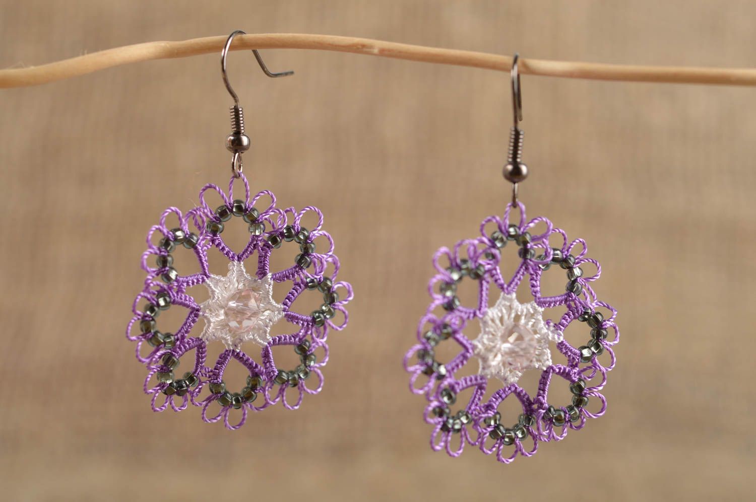 Beautiful handmade textile earrings woven lace earrings beaded earrings photo 1