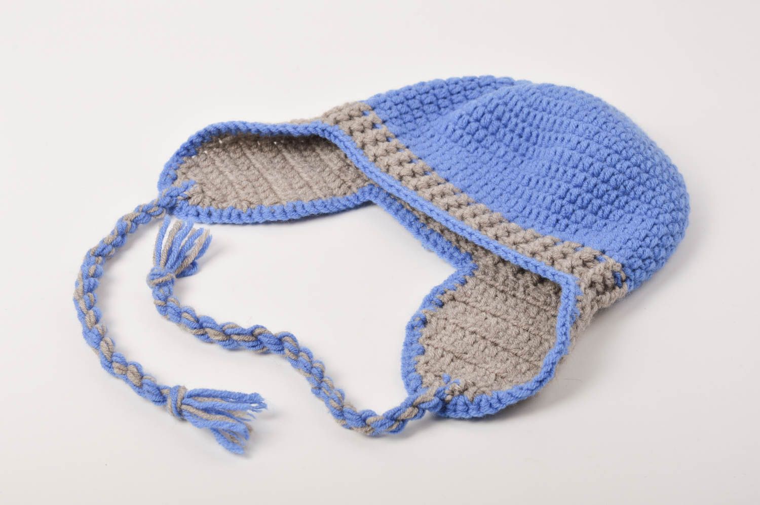 Bonnet tricot Chapeau fait main bleu gris Vêtement enfant cadeau pour enfant photo 1