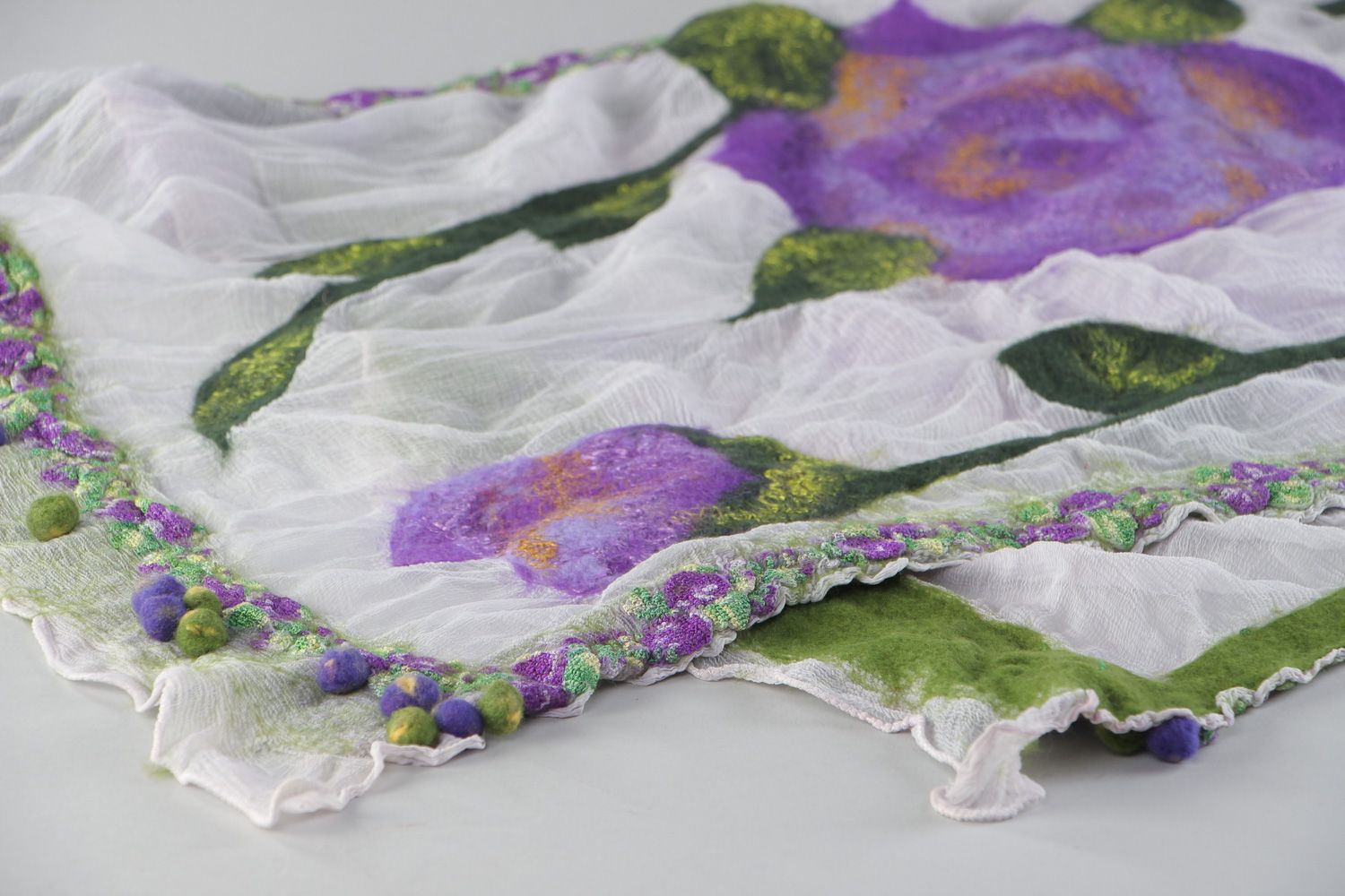 Handmade silk and chiffon scarf with violet felted wool flowers for women photo 2