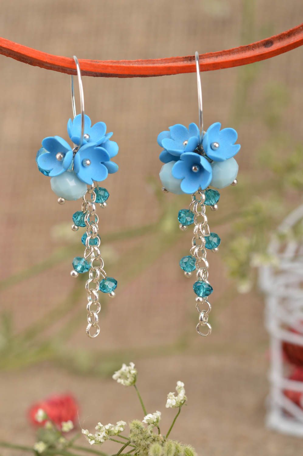 Handmade Ohrringe Juwelier Modeschmuck Geschenk für Frauen blaue Blumen grell foto 1