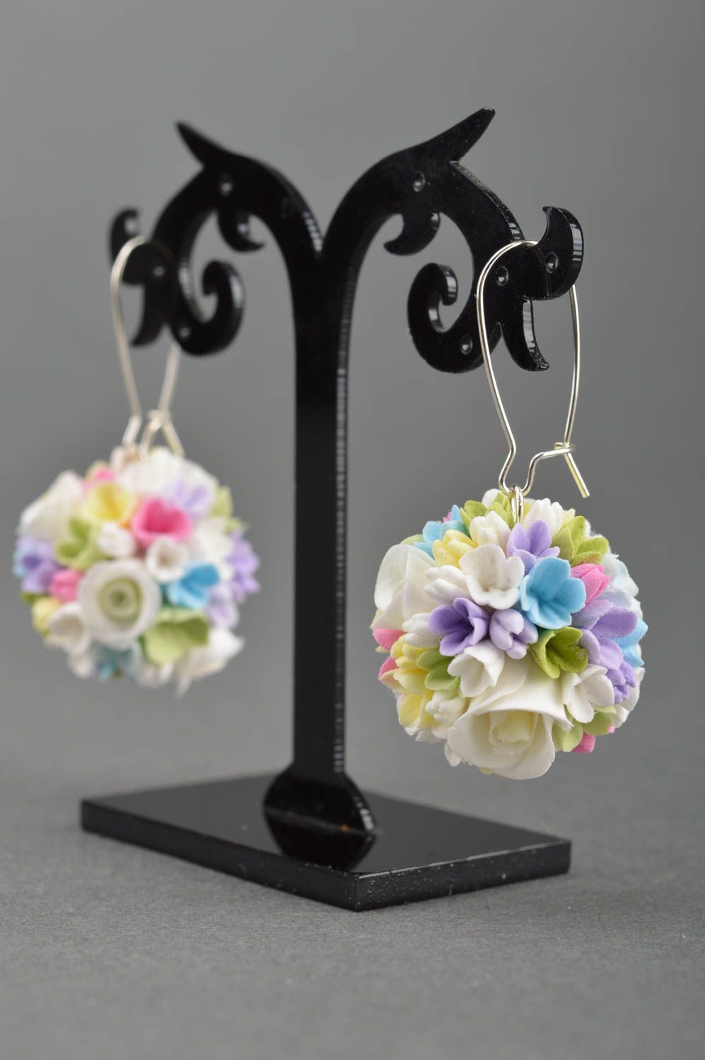Long handmade delicate earrings made of clay with roses stylish summer accessory photo 5