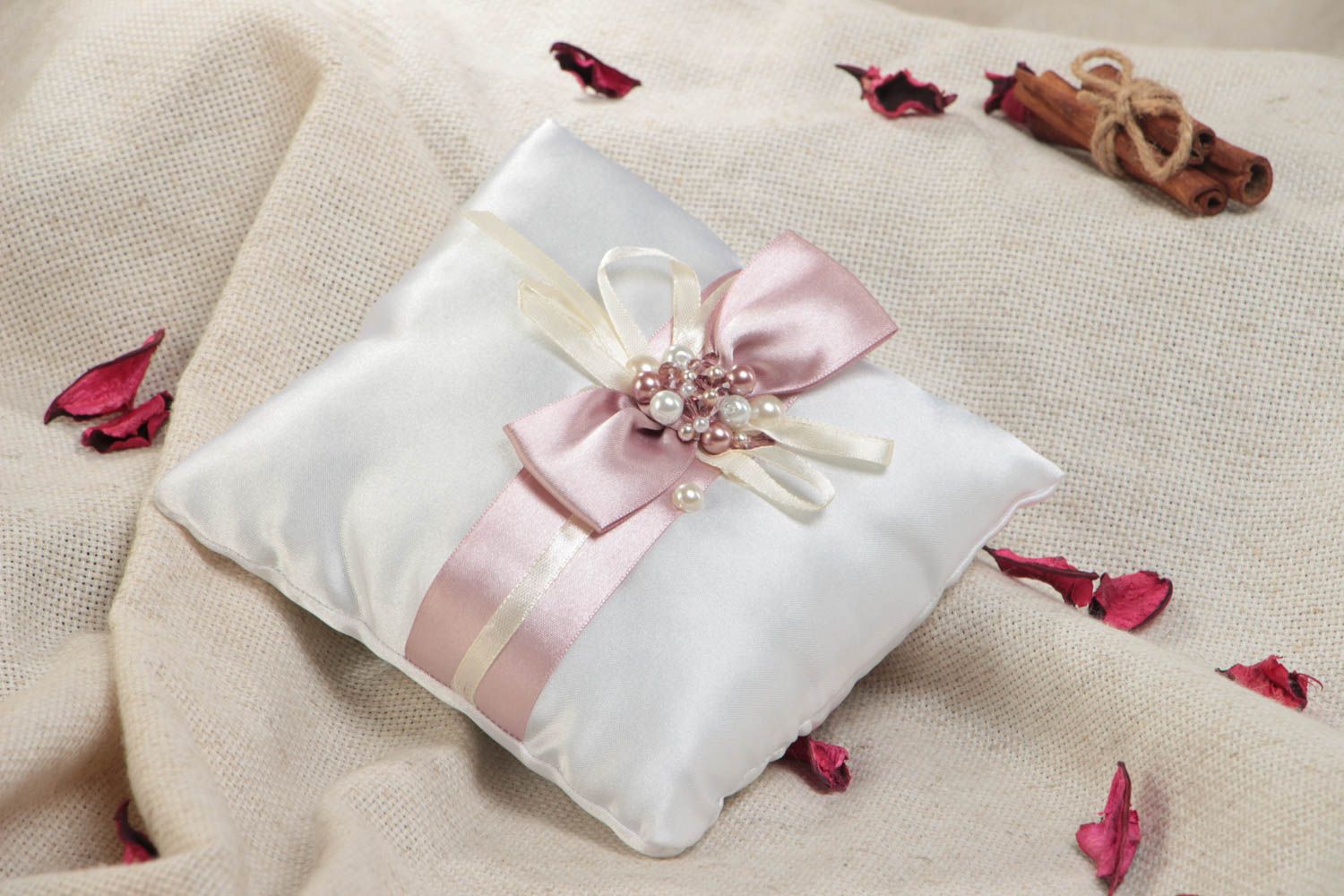 Beautiful white handmade designer satin ring bearer pillow with bow and beads photo 1